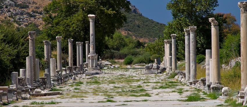 Calle porticada de Éfeso con dos hileras de columnas y el pavimento de mármol cubierto de hierba